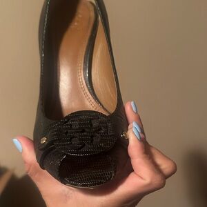 Tory Burch Black Textured Peep-Toe Wedge Heel